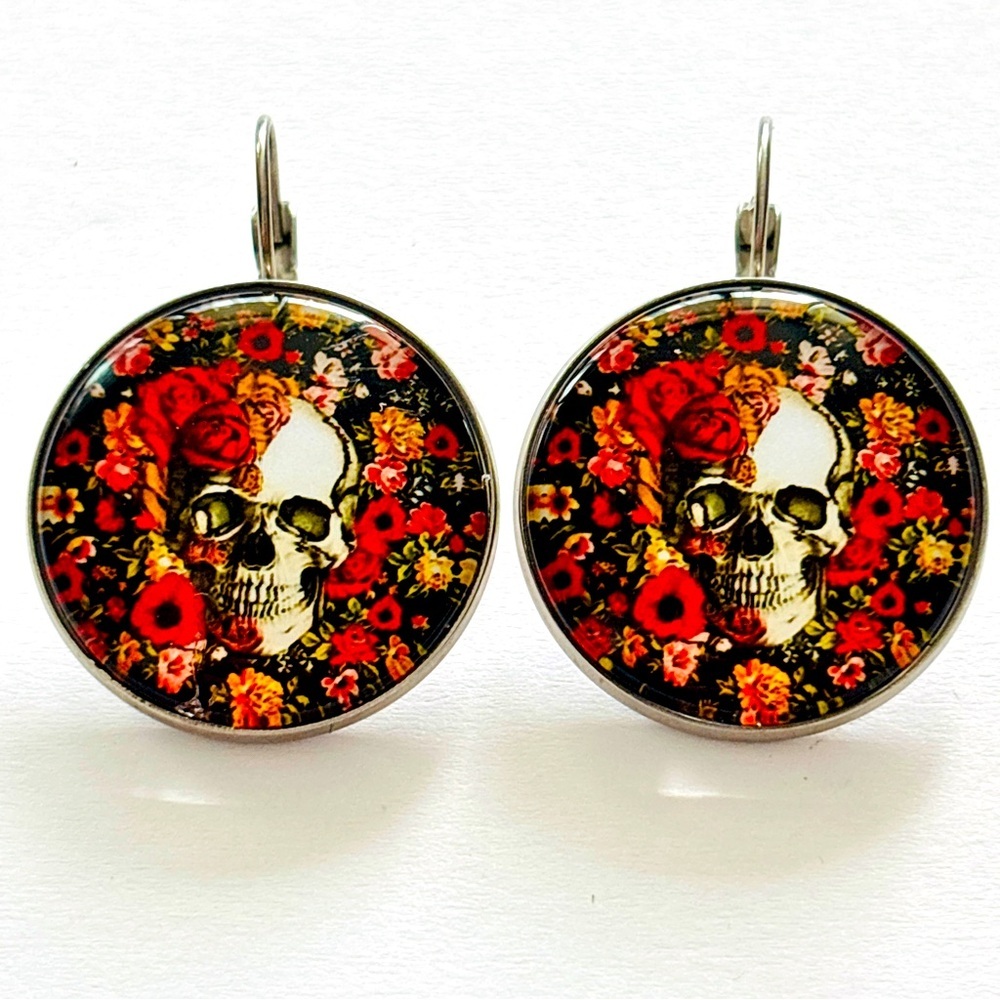 Floral and Skull Print Stainless Steel French Clasp Earrings, 25mm, NWT